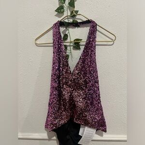 Halpern sequin v-neck top in fuchsia